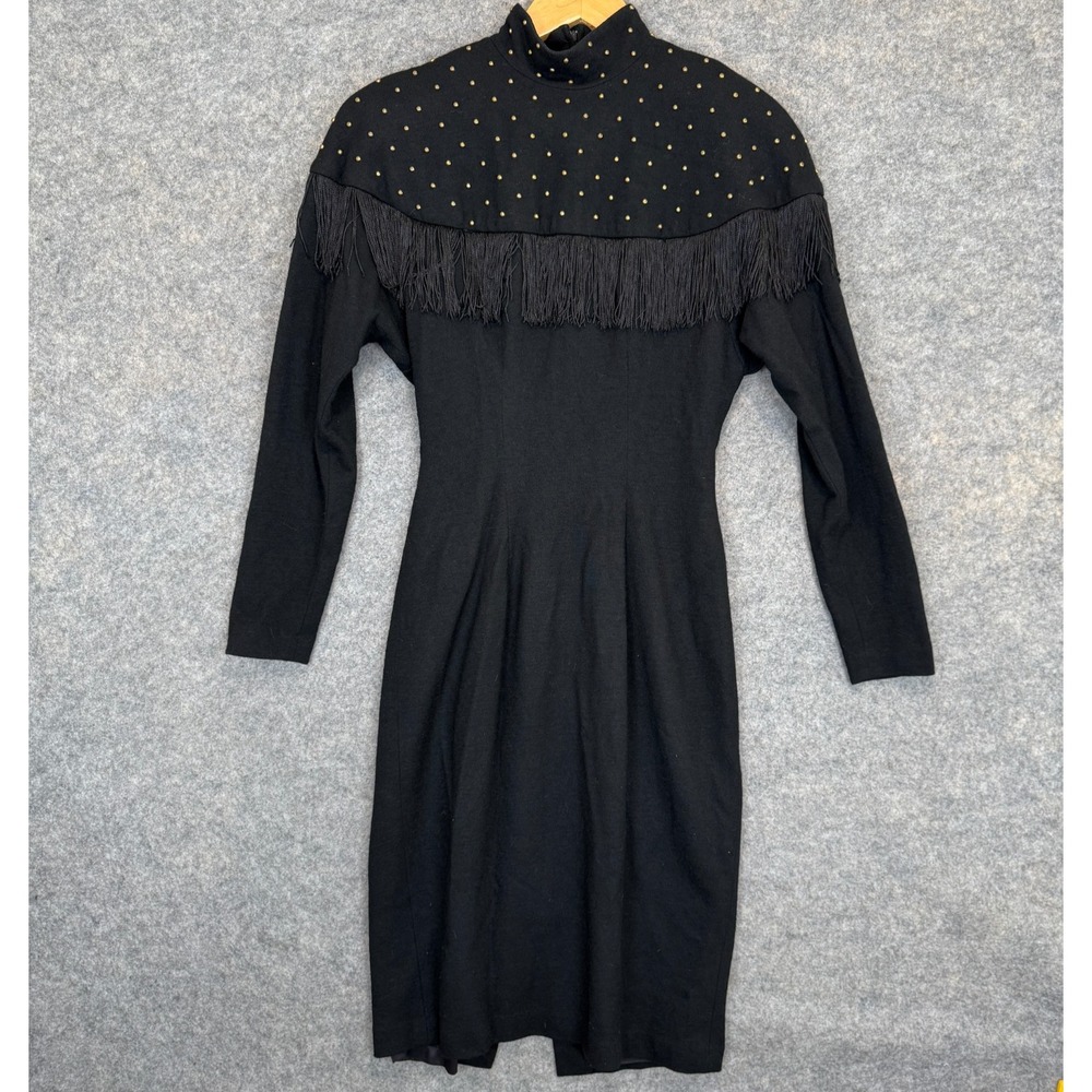 VTG Lillie Rubin Wool Dress Womens 6 Fitted Glamorous Studded Fringe Knit 80s‎